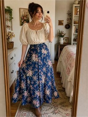 Lauren Ralph Lauren LRL Floral Cottagecore Maxi Skirt Button Front Blue Size 14